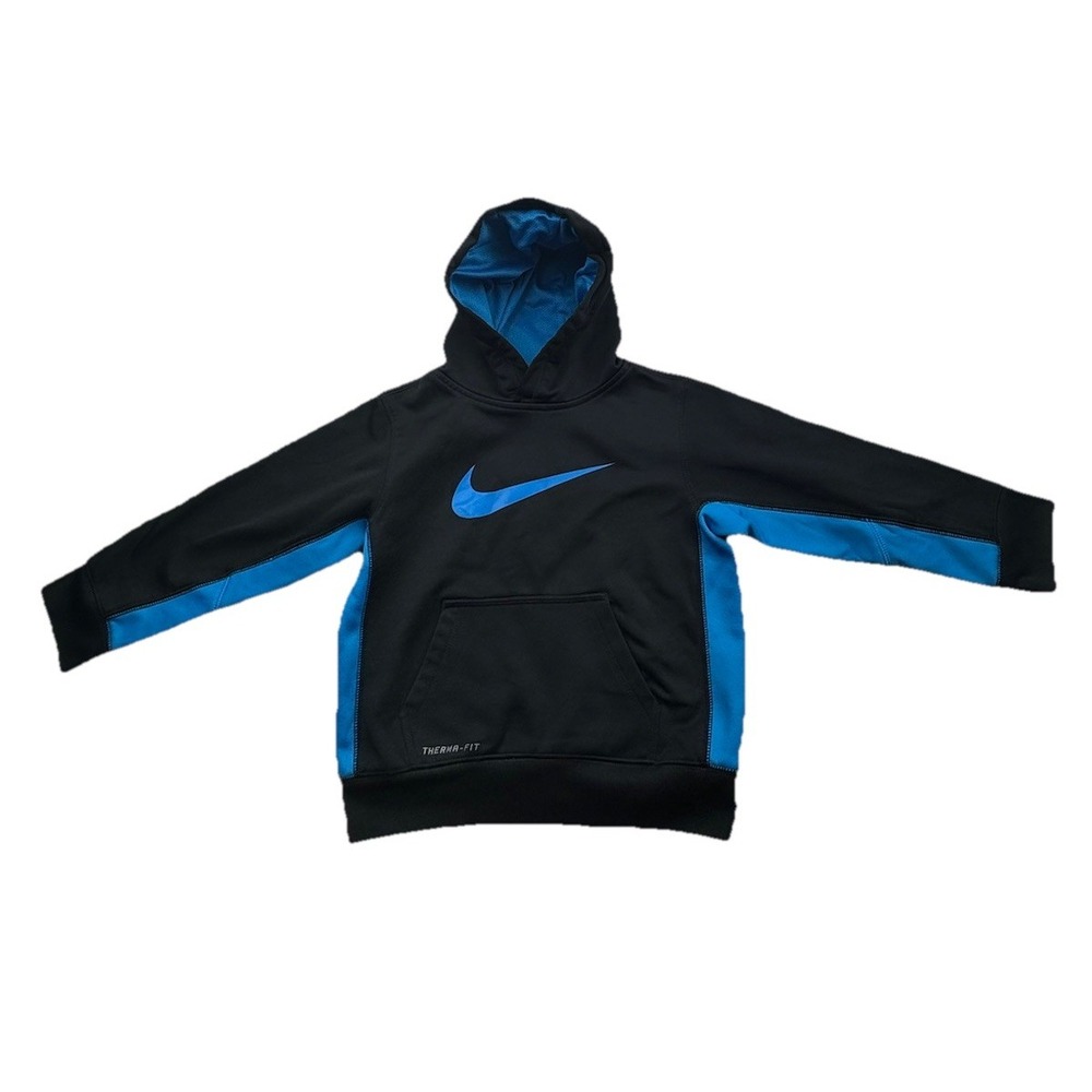 NIKE Hoodie Boy's Size 4 Blue Black Therma-Fit Center Swoosh Logo Youth